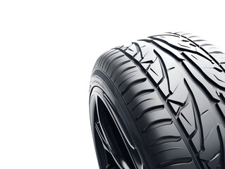 Close-up of a performance tire with aggressive tread pattern and a sleek rim, isolated on transparent background, PNG, cut out