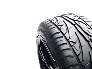 Close-up of a performance tire with aggressive tread pattern and a sleek rim, isolated on transparent background, PNG, cut out