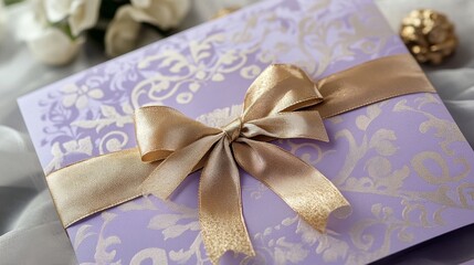 Elegant gift invitation card with ribbon home decor photograph cozy indoor setting close-up view celebration and joy
