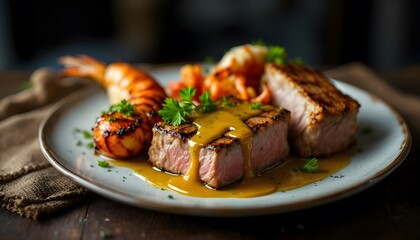 Delicious Grilled Steak with Shrimp and Creamy Sauce