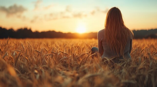 A serene image of a woman sitting quietly in a golden wheat field at dusk, reflecting on her inner thoughts while being enveloped in the comfort of nature's beauty.