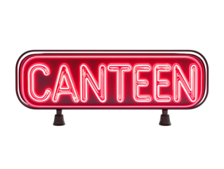 Classic vintage red neon sign with the word 'canteen' illuminating brightly, isolated on transparent background, PNG, cut out
