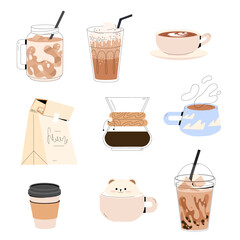 Hot and cold beverage. Different types of drinks set. Espresso, americano cup, cappuccino and latte in paper mug, iced macchiato in glass. Flat vector illustrations isolated on white background