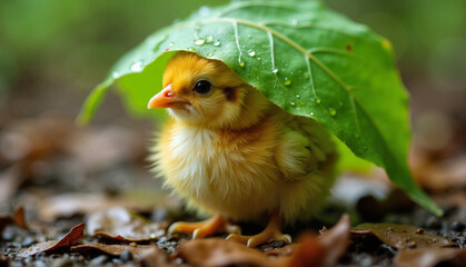 Obraz premium Chick sheltering under a leaf in a natural setting, baby chick