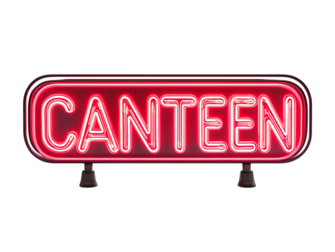 Classic vintage red neon sign with the word 'canteen' illuminating brightly, isolated on transparent background, PNG, cut out