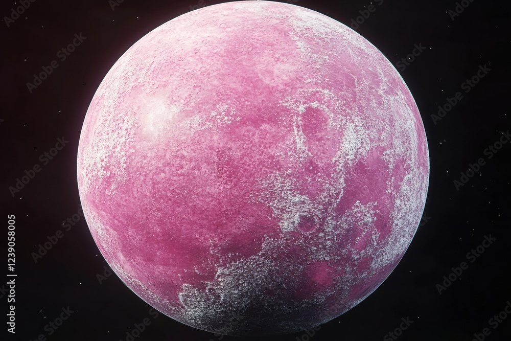 Poster pink planet with white surface texture floating in dark space with tiny stars around