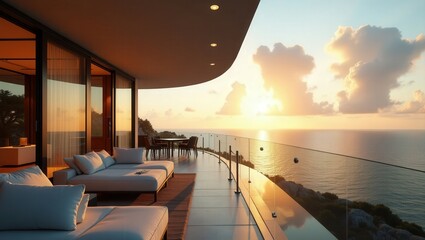 Fototapeta premium Coastal design of modern Balcony at Sunset, cinematic photography