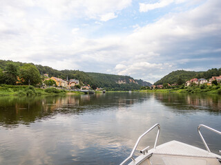 Boat ride on the Elbe river through the sandstone mountains of the Saxon Switzerland (Sächsische...