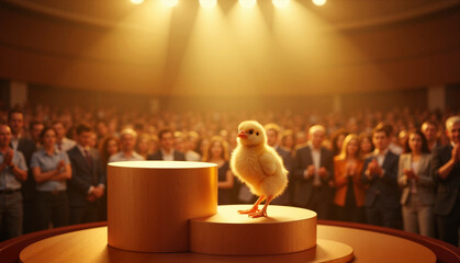 Chick standing confidently on stage in front of applauding audience, baby chick