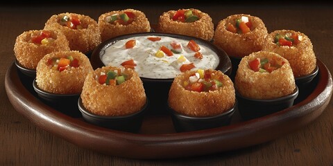 Delicious Crispy Fried Snacks with Colorful Vegetable Filling and Creamy Dip