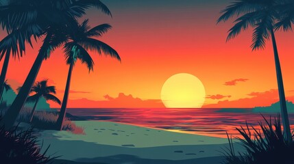 Tropical Sunset Beach Scene With Palm Trees