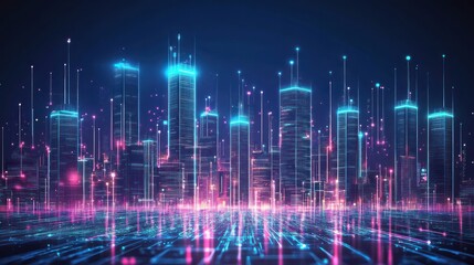 Fototapeta premium Futuristic neon cityscape at night, digital city skyline with glowing lines and vibrant colors.