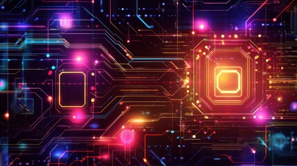 Abstract glowing circuit board with vibrant neon colors and central processor.