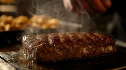 Seared steak resting on hot plate with steam rising, creating mouthwatering visual