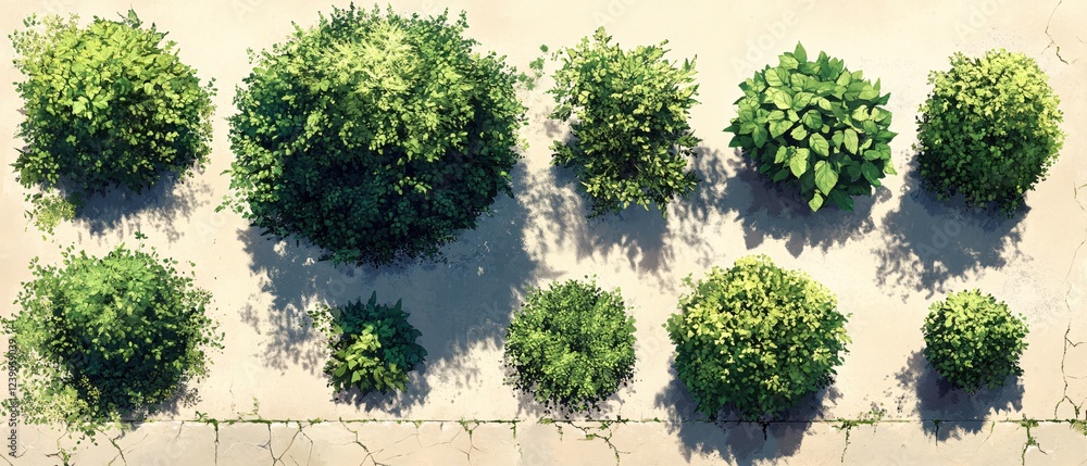 Poster top view of green bushes on a light beige ground with dark shadows creating a natural pattern
