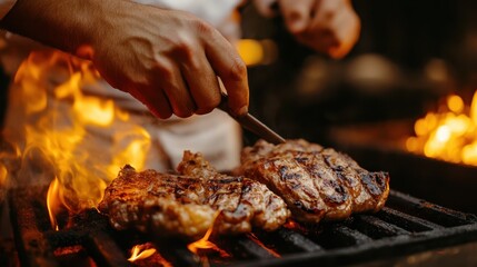 Professional chef using spatula to cook steak over open fire, achieving caramelized crust.