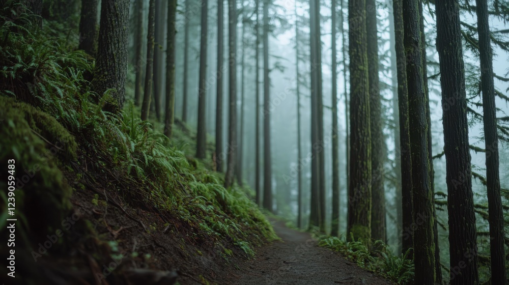 Poster A serene forest path surrounded by tall trees, enveloped in mist, creating a tranquil and mysterious atmosphere.