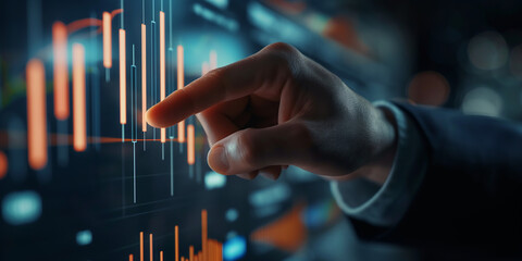 Businessman analyzing financial data on interactive screen in office at night