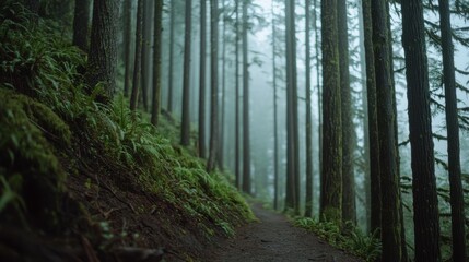 Fototapeta premium A serene forest path surrounded by tall trees, enveloped in mist, creating a tranquil and mysterious atmosphere.