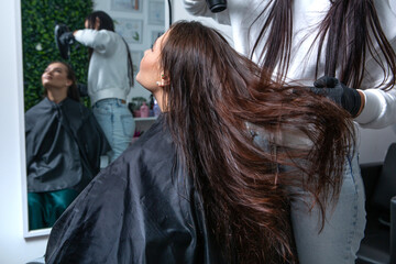 Fototapeta premium Professional hairdresser drying hair of young woman in beauty salon