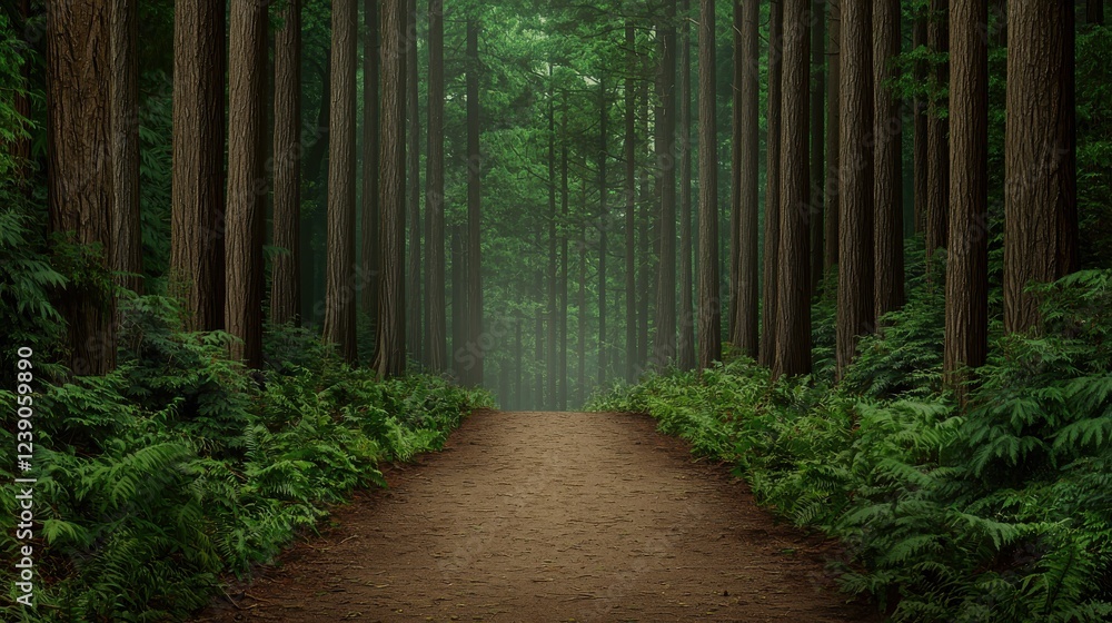 Poster A serene forest path surrounded by tall trees and lush greenery, inviting exploration and tranquility.