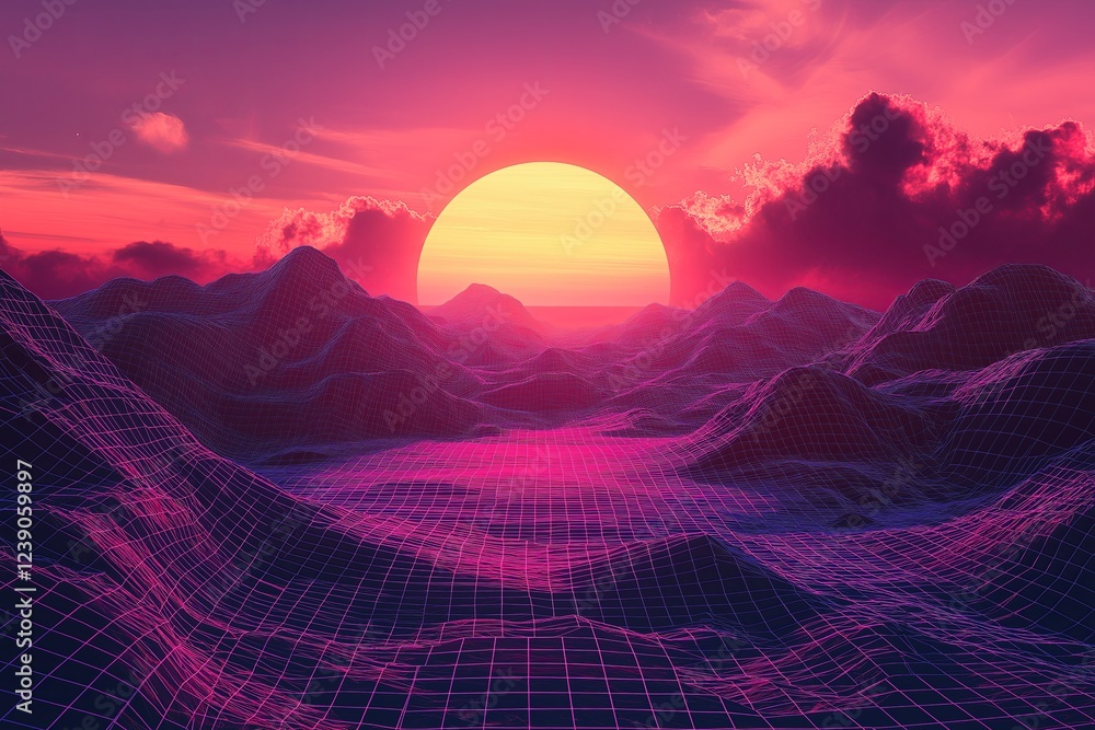 Poster a 3d wireframe terrain with a retro-futuristic synthwave sunset in the background
