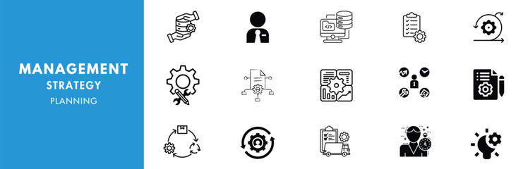MANAGEMENT, STRATEGY, and PLANNING Outline Icon Collection. Thin Line Set contains such Icons as Vision, Mission, Values, Human Resources, Experience, and more. Simple web icons set.