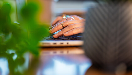 Side view of a girl's hand using a laptop. stylish office with plants. close-up of a young woman's hands. Business concept and marketing.