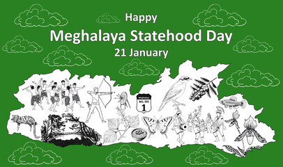 A vibrant graphic celebrating Meghalaya Statehood Day on January 21, featuring a stylized map adorned with icons symbolizing the state's unique identity and rich heritage.