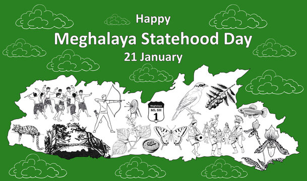 A vibrant graphic celebrating Meghalaya Statehood Day on January 21, featuring a stylized map adorned with icons symbolizing the state's unique identity and rich heritage.
