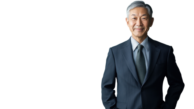 Smiling senior businessman with hands in pockets on transparent background