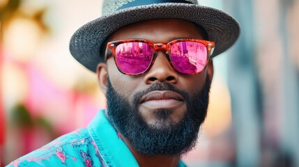 The confident man, wearing stylish sunglasses and a fashionable hat, stands against a vibrant backdrop, exuding an aura of coolness in a bright and lively setting.