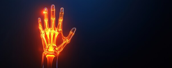A glowing, transparent robotic hand is illuminated against a dark background, showcasing intricate details and a futuristic design.