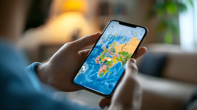 Person viewing world map app indoors