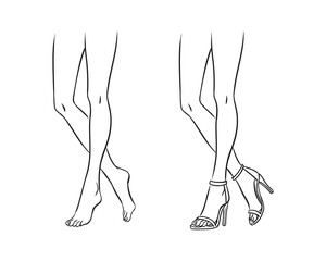 Vector fashion line sketch illustration of beautiful, slim female legs, isolated on a white background. High-heeled fashion feet template. Women's legs and feet croquis.