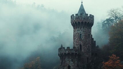 Naklejka premium Stone Castle Tower Enveloped in Misty Forest