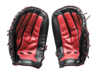 A pair of red and black baseball gloves with laces isolated on transparent background, PNG, cut out