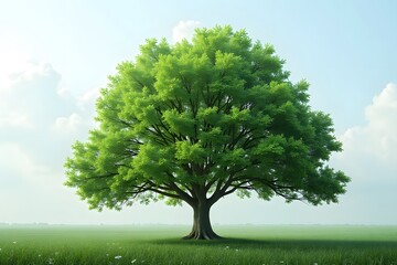 Majestic green tree in serene meadow under clear blue sky
