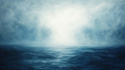 Moody, dark blue ocean scene with fog and bright light.