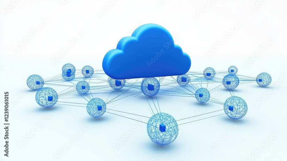 Poster cloud computing concept with interconnected blue nodes and wireframes on a minimalist white backgrou
