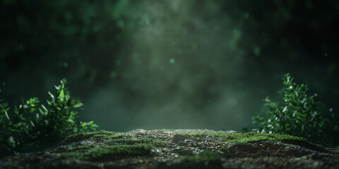 Mossy rock displaying lush greenery in a mystical forest with fog