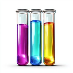 Chemical test tubes filled with colorful glowing liquids, isolated on white background