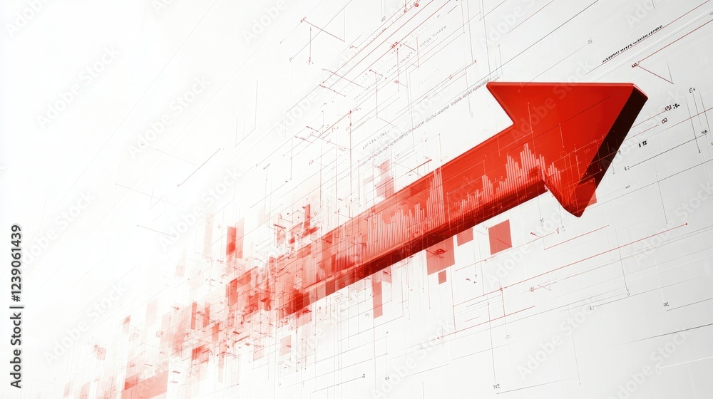 Poster conceptual design of a red arrow with data charts and gridlines overlaid on a clean white background