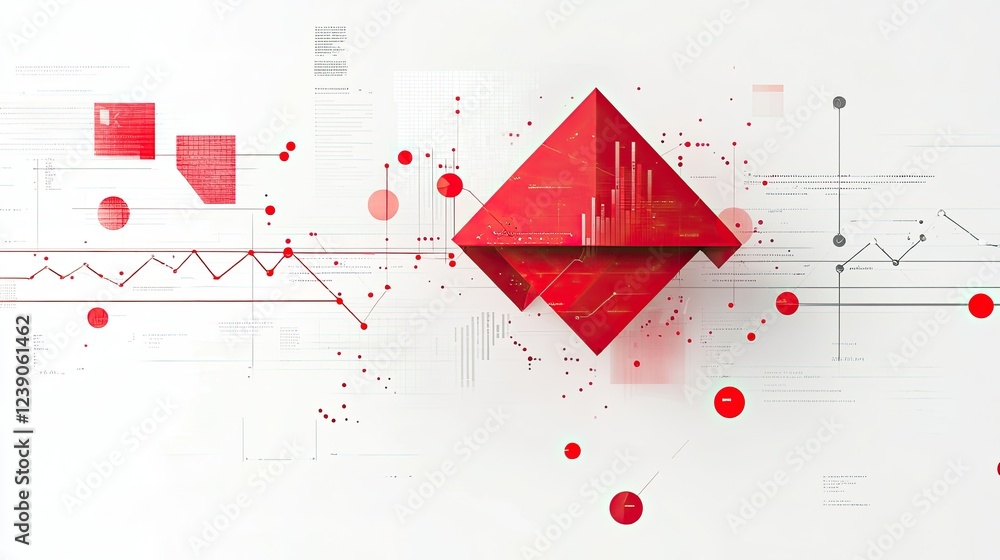 Poster conceptual design of a red arrow with data charts and gridlines overlaid on a clean white background