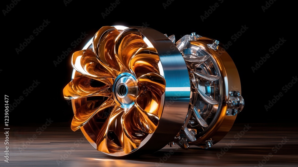 Poster a detailed view of a shiny turbine engine showcases intricate design and elaborate components, refle