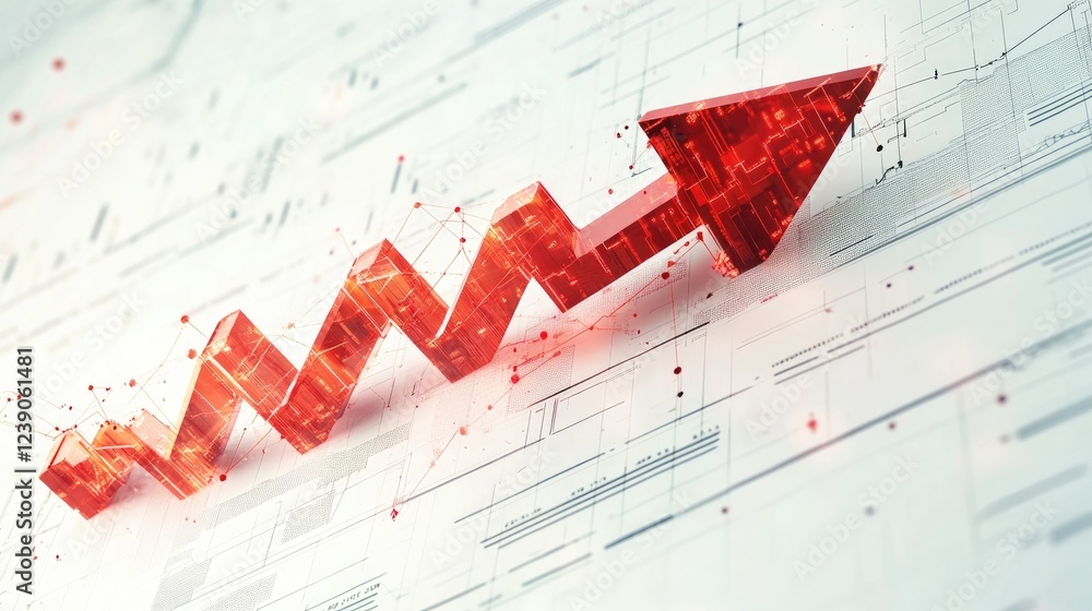 Poster conceptual design of a red arrow with data charts and gridlines overlaid on a clean white background