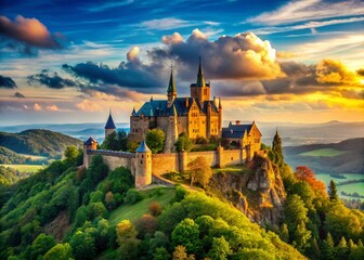 Fototapeta premium Majestic Castle Perched Atop a Hilltop with Expansive Sky