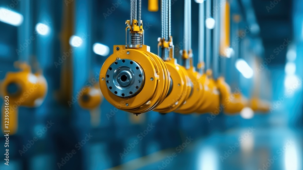 Poster a striking image of industrial hoists arranged in a row, emphasizing their mechanical design and eff