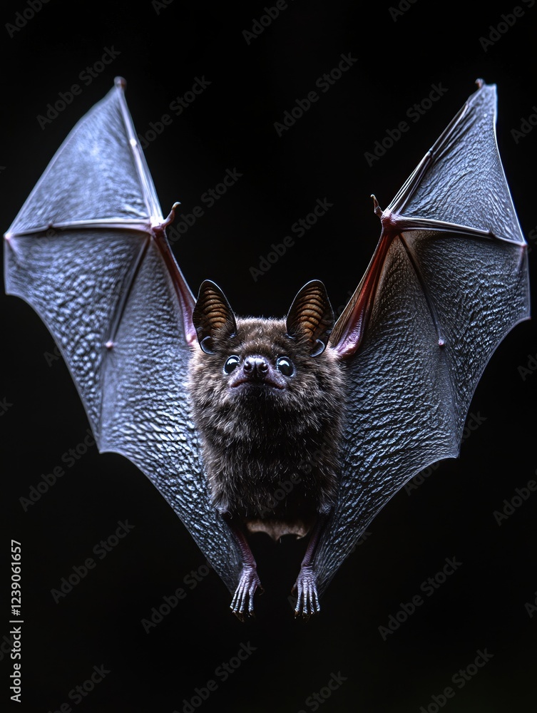 Poster bat with wings spread wide open against a dark background showing detailed texture of the wings