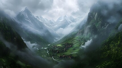 Naklejka premium Mystical mountain valley, serene landscape with lush greenery and dramatic cloudy skies, perfect for nature-themed projects.